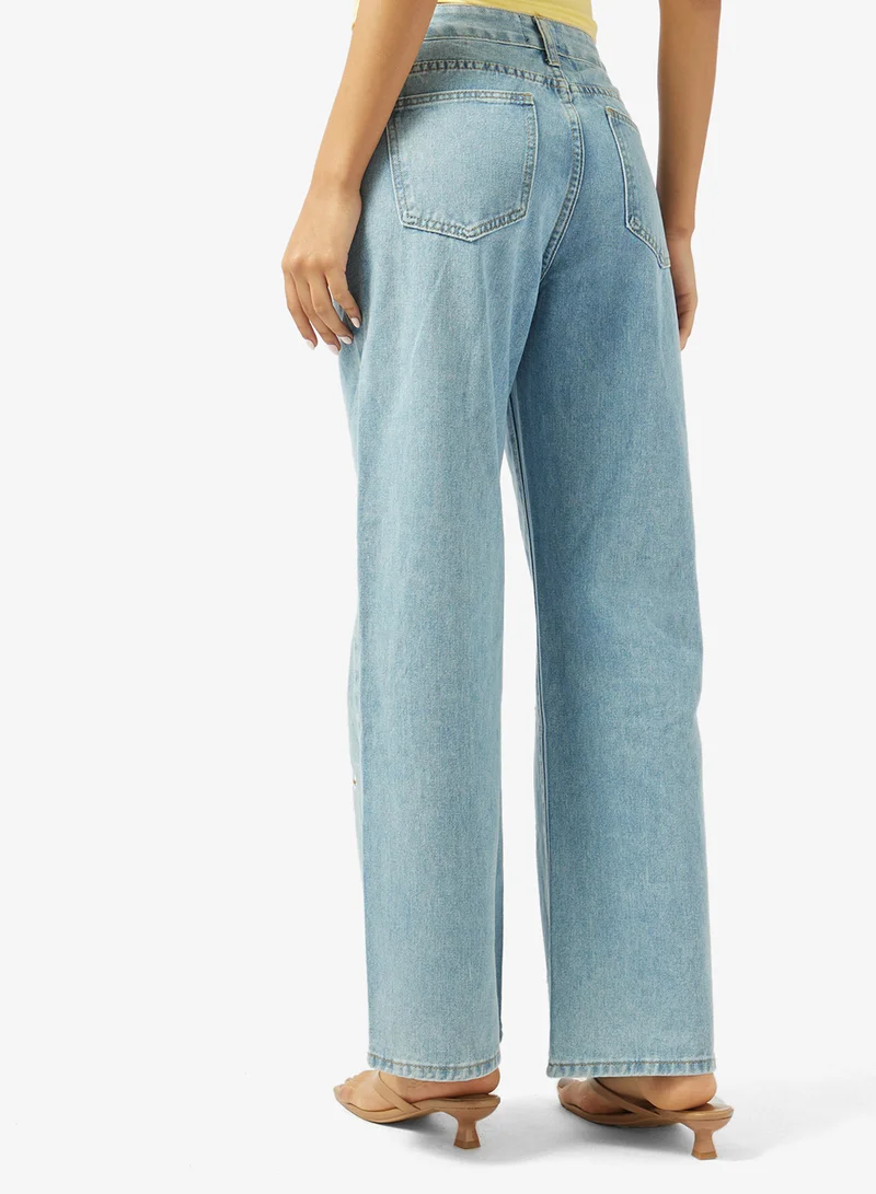 Ginger  Mid Rise Floral Embroidered Straight Fit Jeans for Women | Best Price UAE